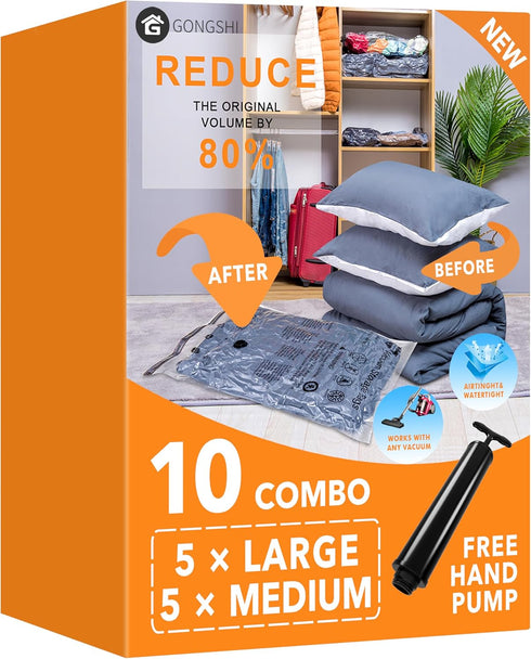 10 Pack Vacuum Storage Bags (5 Large, 5 Medium), Compression Bags with Travel Hand Pump for Blankets, Clothes