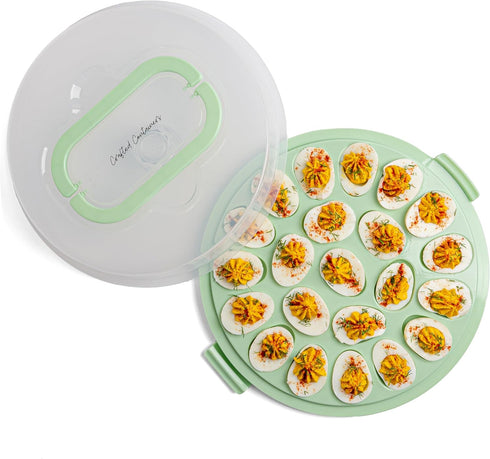 Crafted Containers Deviled Egg Carrier with Lid & Handles, 22-Count Portable Tray, Dishwasher-Safe Green