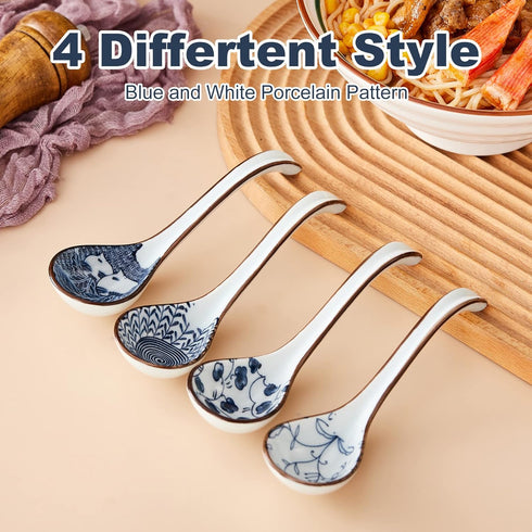 Soup Spoons Set of 4,Asian Soup Spoon Ceramic Ramen Spoons, Japanese Soup Spoon Long Handle Perfect Depth for Dumpling, Pho, Noodles, Miso, Chinese Wonton, Dishwasher Safe