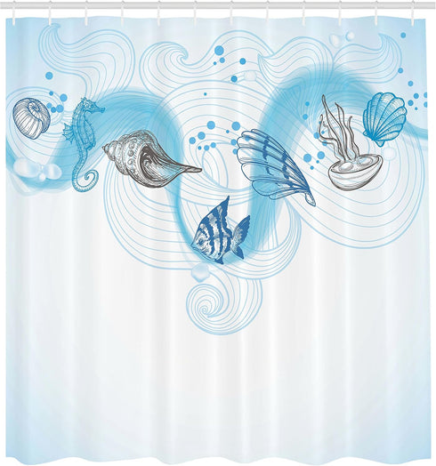 Ambesonne Nautical Shower Curtain - Marine Theme Seashells, Ocean Waves, Fishes, Seahorse, 69" W x 70" L, Grey Blue
