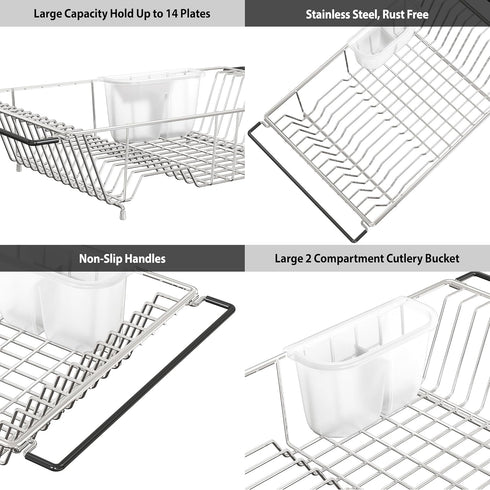 SIMPLE HOUSEWARE Large Stainless Steel Dish Drainer Drying Rack with Utensil Holder, Chrome