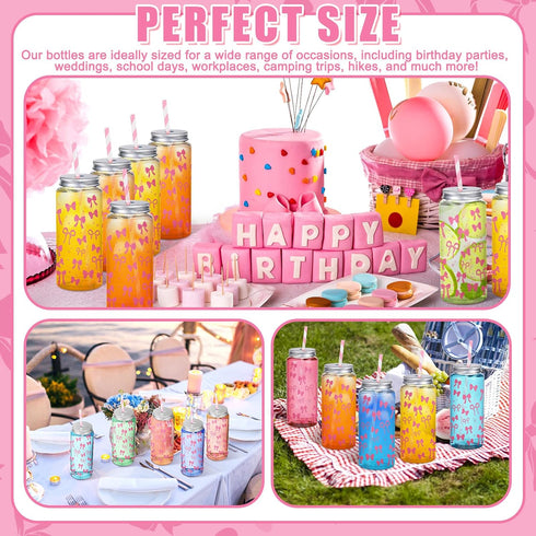 Chuangdi 24 Sets 14 oz 24 25 Pink Bow Bottles with Straws and Metal Lids Plastic Coquette Bottles Paper Straws Tumbler