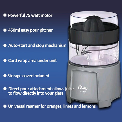 Oster Electric Citrus Juicer, High-Performance Silver 75 Watt Motor for Oranges and Lemons