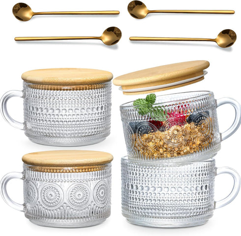 LANDNEOO Vintage Coffee Mugs Set - 4pcs 14oz Clear Glass Cups with Bamboo Lids & Spoons, Perfect Gifts for Women!