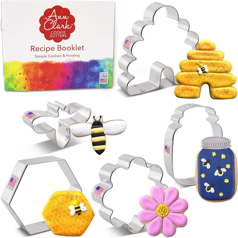 Bee Cookie Cutters 5-Pc. Set Made in the USA by Ann Clark, Bee, Beehive, Small Flower, Honeycomb, Honey Jar