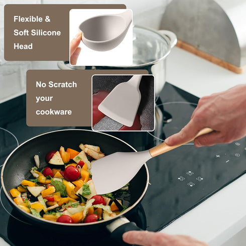 E-far Silicone Cooking Utensils Set, 10-Piece Heat Resistant Kitchen Tools with Wooden Handle