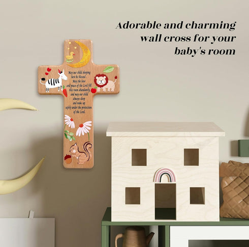Oraaham Baby Wall Cross-Decorative Wood Cross & angel Child room Wall Hanging for Nursery Perfect Keepsake Baptism