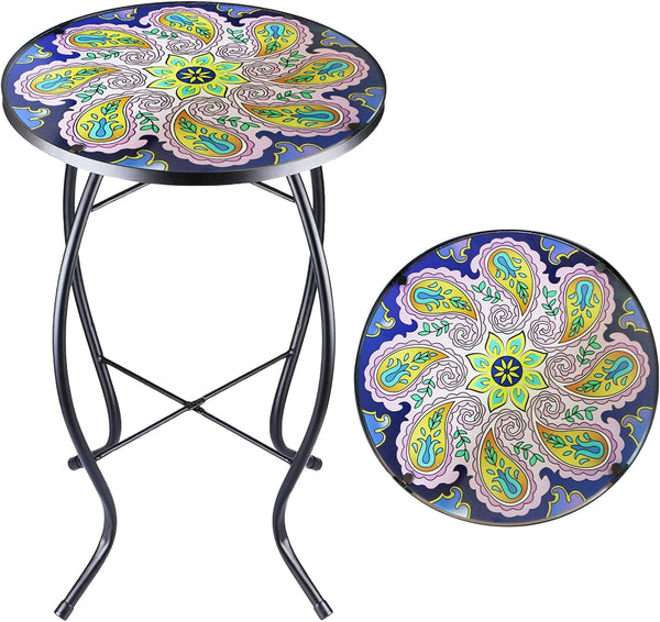 Arbuxzuy 12 Inch Small Outdoor Side Table with Purple Flower, Glass Mosaic