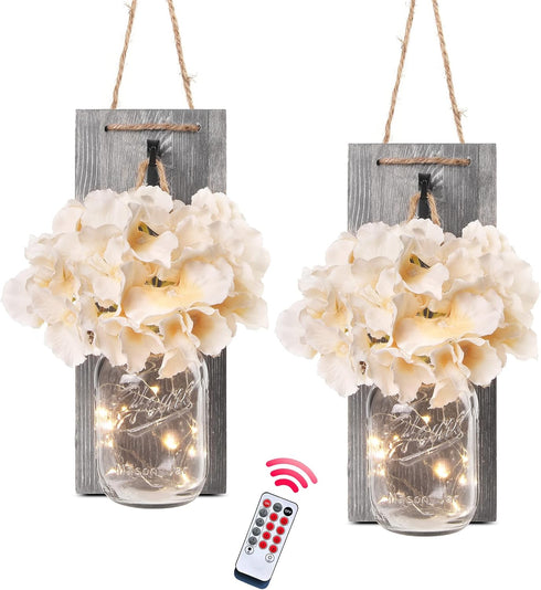 Besuerte Rustic Wooden Wall Hanging Decor with LED String Lights - Set of 2 Grey