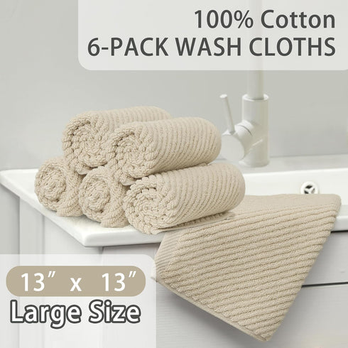 6PC 13"x13" Set, Cotton Washcloths - | Quick Dry | Soft | Light Weight | Absorbent | Hotel Quality, Luxury Wash Cloths