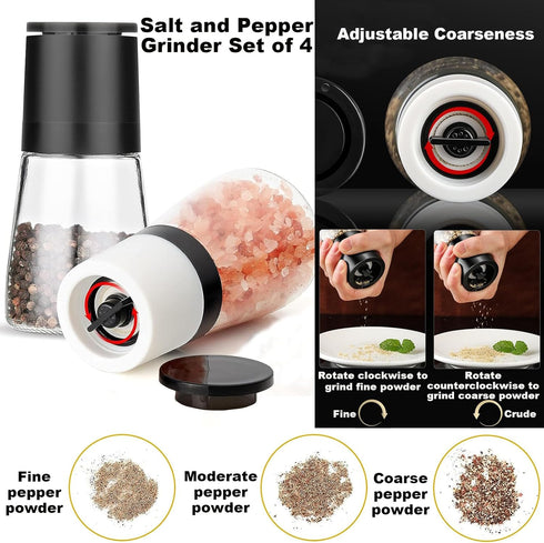 Premium Salt and Pepper Grinder Set of 4, Refillable Manual Salt and Pepper Mill, Adjustable Ceramic, Glass Shaker