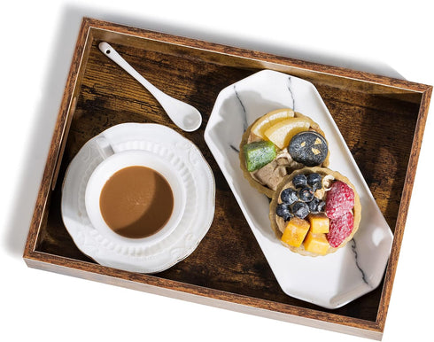 Hanobe Brown Decorative Serving Trays: Rustic Brown Rectangle Tray Decor with Cutout Handles for Coffee Table Ottoman