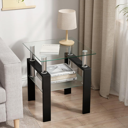 Glass Side Table 2-Tier Modern Glass Top Corner Table Living Room Square
