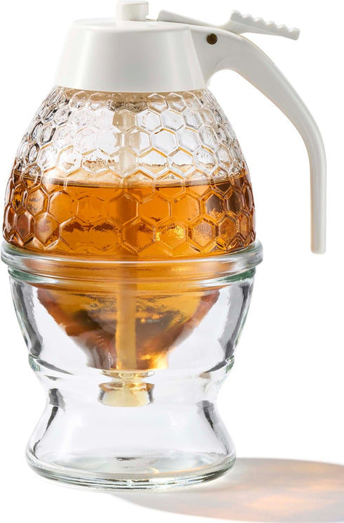 PAULSWAY Not Chromed Glass Honey Dispenser, Food-Grade ABS White Lid No Drip
