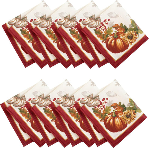 Elrene Home Fashions Swaying Leaves Bordered Fall Napkins, 17" x 17", Set of 8 for Seasonal Dinner