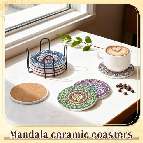 8 Set 4 Inch Patelai Pcs Boho Ceramic Coasters with Holder Mandala Round Absorbent Drink Coasters for Coffee Table