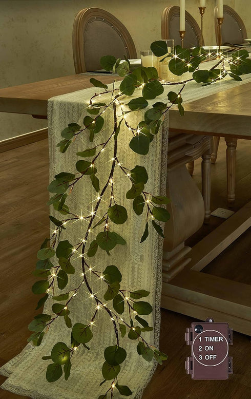 Hairui 6FT Lighted Artificial Eucalyptus Garland with 96 LED Battery Operated Faux Vine Lights and Timer for Decor