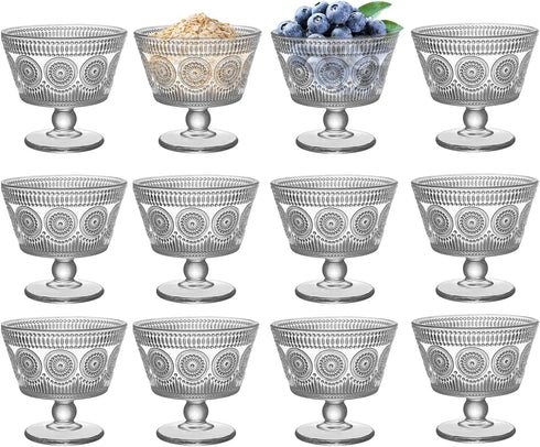 Vintage Glass Dessert Bowls, Set of 12, 9oz Glass Ice Cream Sundae