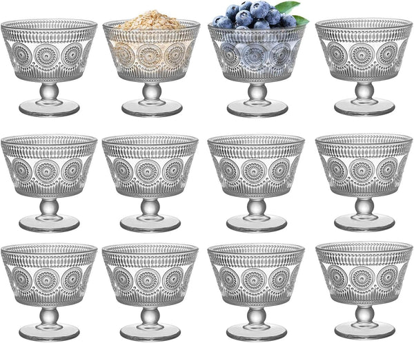 Vintage Glass Dessert Bowls, Set of 12, 9oz Glass Ice Cream Sundae