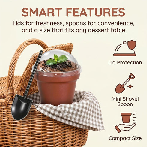 20 Pack 6.7 oz DOITOOL Flower Pot Dessert Cups with Lids and Spoons, Mini Plastic Chocolate Pudding Cups, Cute Mini