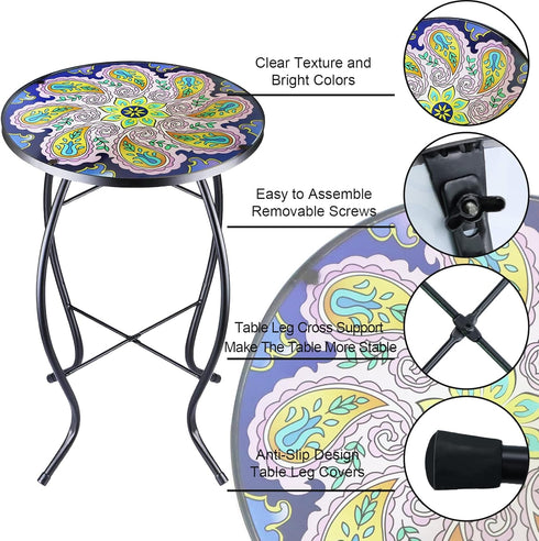 12 Inch Arbuxzuy Small Outdoor Side Table with Purple Flower, Glass Mosaic Patio Table Indoor, Round Plant Coffee Table