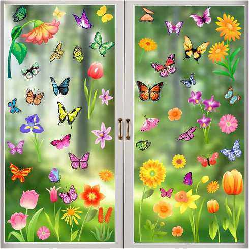 Spring Window Clings, 2024 Summer Decorations for Glass Windows, Flower Butterfly Clings for Home