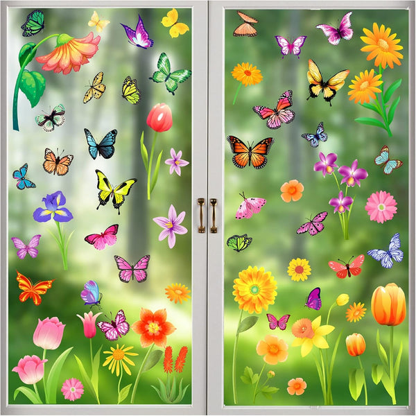 Spring Window Clings, 2024 Summer Decorations for Glass Windows, Flower Butterfly Clings for Home