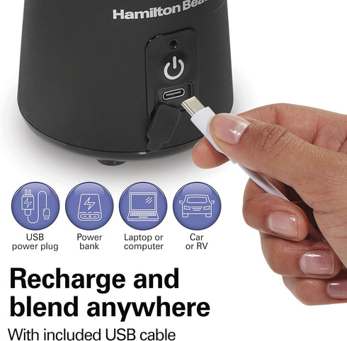 Hamilton Beach Mini Cordless Portable Blender for Shakes and Smoothies, USB Rechargeable, 16 oz Jar with Travel Lid