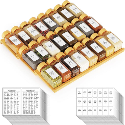 SpaceAid Bamboo Spice Drawer Organizer with 24 Spice Jars, 378 White Minimalist