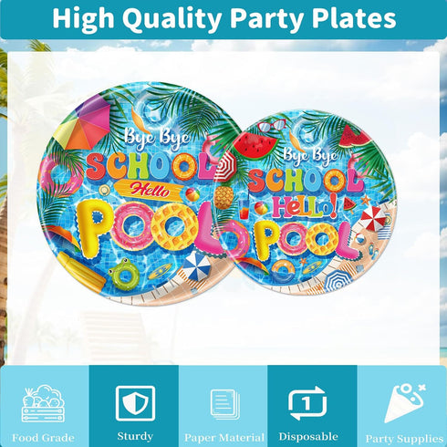 Summer 24 Bye Bye School Hello Pool Party Plates Napkins Forks, End of School Year Party Decorations, Disposable Pool