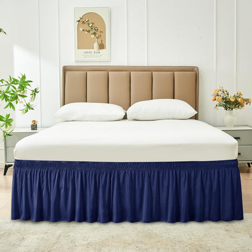Biscaynebay Wrap Around Bed Skirts for Queen Beds, 15" Drop, Navy Adjustable Elastic Dust Ruffles, Machine Washable