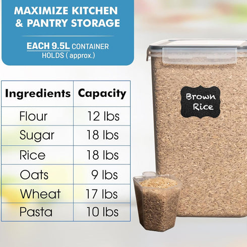 2 (9.5L 321 Oz) Shazo PC | Extra Large Bulk Food Storage Containers with Airtight Lids for Flour, Sugar, Rice, Cereal