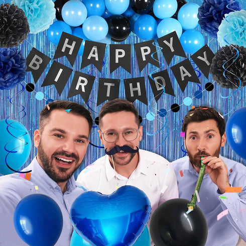 Blue and Black Happy Birthday Party Decorations Kit, Banner, Fringe Curtain, Foil Balloons, Cake Topper for Birthday
