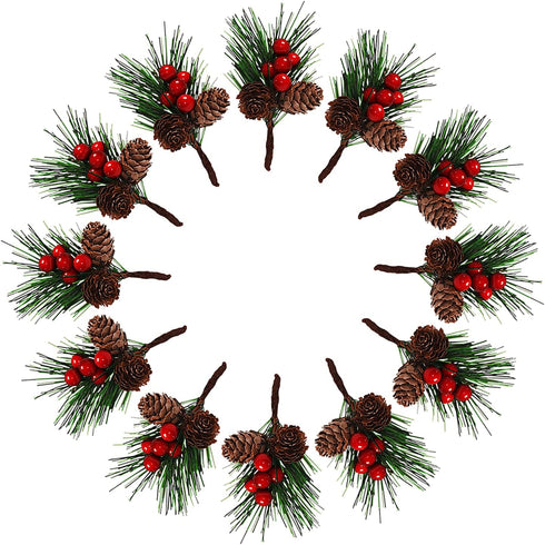 QLINLEAF Christmas Red Berry Stem Floral Pine Cone Artificial Branch Evergreen Decoration -
