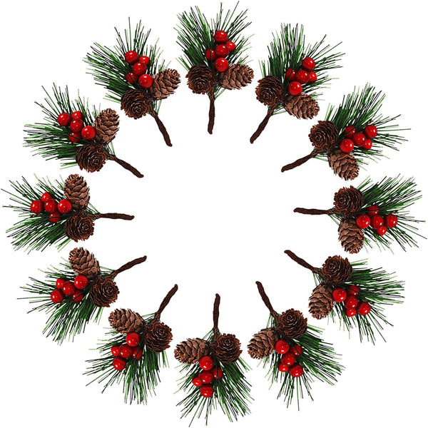 QLINLEAF Christmas Red Berry Stem Floral Pine Cone Artificial Branch Evergreen Decoration -