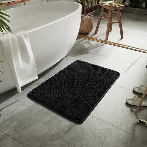 LOCHAS Black Luxury Shaggy Bathroom Rug, 24 x 17 Inch, Washable Non-Slip Plush Chenille Bath Mat for Shower