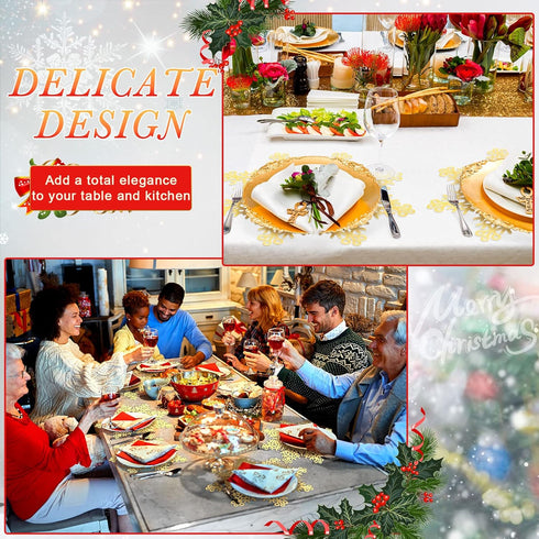 Set 15 Inch Kitchen(Gold,24 Snowflake Placemat Pressed Vinyl Metallic Christmas Washable Heat Resistant Non Slip