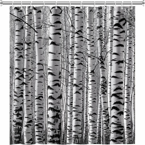Birch Trees Shower Curtain, Rustic Landscape Bathroom Accessories Set with Hooks, 70Wx70H Inch