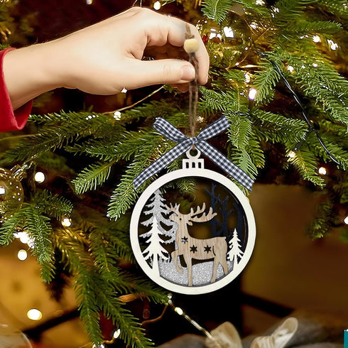 6pcs Christmas Farmhouse Rustic Ornaments Set, 3D Glitter Reindeer Wood Tree Decorations for Christmas