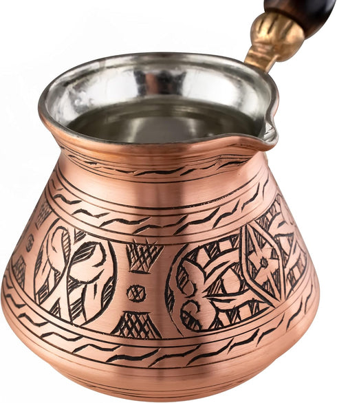 BCS 12 Oz Copper Turkish Greek Arabic Coffee Pot with Wooden Handle, Cezve Ibrik Briki Stovetop Maker (4 servings)