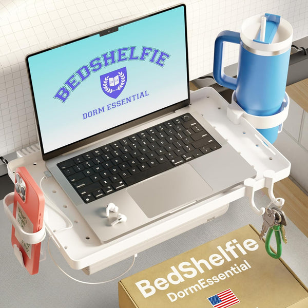 BedShelfie Bedside Shelf for College Dorm Room, Clip On Nightstand, Floating Bedside Table Tray Organizer, White