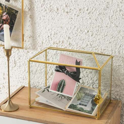 Glass Wedding Card Box with Slot, Large Clear 10.2 inch Gold Brass Gift Card Storage Box with Lock for Wedding