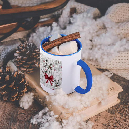3dRose Elegant Christmas Holly and Berries Pattern Mug - Two Tone, 11 oz, Blue