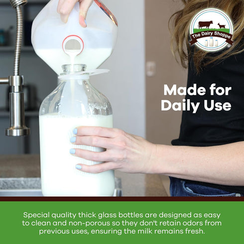 The Dairy Shoppe Heavy Glass Milk Bottle - Jug with Lid and Silicone Pour Spout - Clear Milk Container for Fridge (64