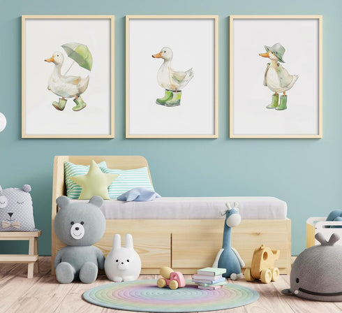 Generic 3Pcs Set 3 Baby Animal Nursery Wall Art Funny Green Rain Gear Duck Painting Picture Wall Decor This of Happy