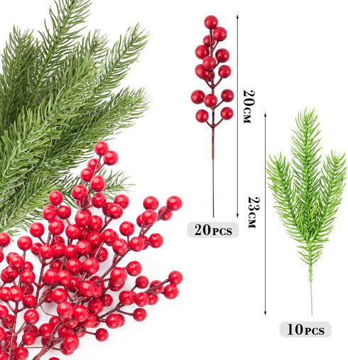 WXJ13 30 Pieces Artificial Pine Branches Christmas Holly Berries Artificial Red Berry Stems for Christmas Wreath