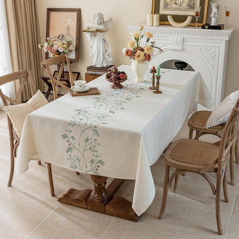 Rustic Heavy Weight Waterproof Linen Tablecloth, Beige Embroidery for Rectangle Tables, Burlap Farmhouse Covers (Green