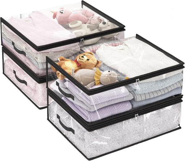 Fixwal 4pcs Clear Storage Boxes, 35L/9.5Gal PVC Fabric Zipper Organizer for Clothes, Blankets, Bed Sheets, Closet