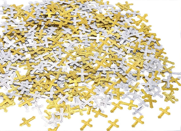 1.6 Ounce Crossed Christening Confetti - Gold Silver Glitter Cross Metallic Sequins for Party Decoration