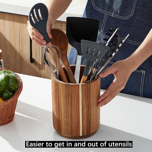 Acacia Wood Utensil Holder - 360° Rotating 7.2" Large Kitchen Utensil Storage Organizer for Countertops